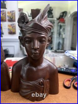 Vintage Bali Teak Wood Busts Pair Hand-Carved Balinese Sculpture Man Woman 12 in