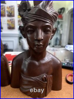 Vintage Bali Teak Wood Busts Pair Hand-Carved Balinese Sculpture Man Woman 12 in
