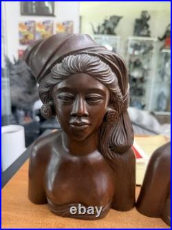 Vintage Bali Teak Wood Busts Pair Hand-Carved Balinese Sculpture Man Woman 12 in