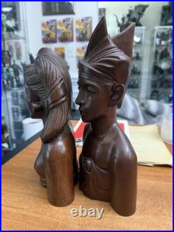 Vintage Bali Teak Wood Busts Pair Hand-Carved Balinese Sculpture Man Woman 12 in