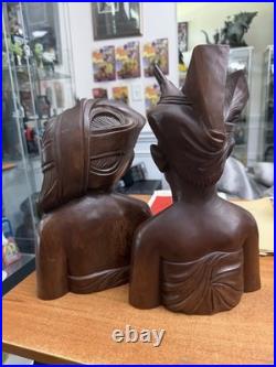 Vintage Bali Teak Wood Busts Pair Hand-Carved Balinese Sculpture Man Woman 12 in
