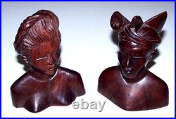 Vintage Bali Teak Wood Busts Pair Hand-Carved Balinese Sculpture Man Woman Rare