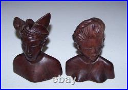 Vintage Bali Teak Wood Busts Pair Hand-Carved Balinese Sculpture Man Woman Rare