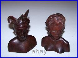 Vintage Bali Teak Wood Busts Pair Hand-Carved Balinese Sculpture Man Woman Rare