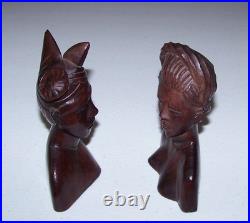 Vintage Bali Teak Wood Busts Pair Hand-Carved Balinese Sculpture Man Woman Rare