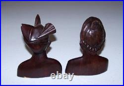 Vintage Bali Teak Wood Busts Pair Hand-Carved Balinese Sculpture Man Woman Rare
