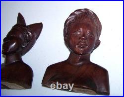 Vintage Bali Teak Wood Busts Pair Hand-Carved Balinese Sculpture Man Woman Rare