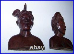 Vintage Bali Teak Wood Busts Pair Hand-Carved Balinese Sculpture Man Woman Rare