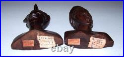 Vintage Bali Teak Wood Busts Pair Hand-Carved Balinese Sculpture Man Woman Rare