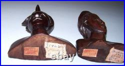 Vintage Bali Teak Wood Busts Pair Hand-Carved Balinese Sculpture Man Woman Rare