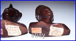 Vintage Bali Teak Wood Busts Pair Hand-Carved Balinese Sculpture Man Woman Rare