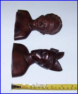 Vintage Bali Teak Wood Busts Pair Hand-Carved Balinese Sculpture Man Woman Rare
