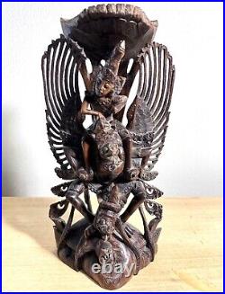 Vintage Balinese Carved 4-Headed Wood Sculpture Hindu God Vishnu Riding Garuda