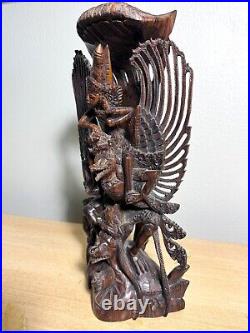 Vintage Balinese Carved 4-Headed Wood Sculpture Hindu God Vishnu Riding Garuda