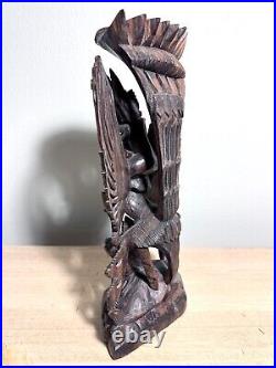 Vintage Balinese Carved 4-Headed Wood Sculpture Hindu God Vishnu Riding Garuda