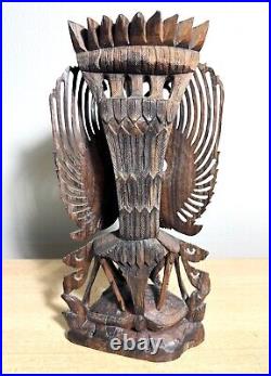 Vintage Balinese Carved 4-Headed Wood Sculpture Hindu God Vishnu Riding Garuda