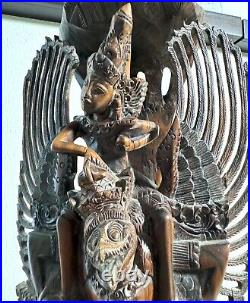 Vintage Balinese Carved 4-Headed Wood Sculpture Hindu God Vishnu Riding Garuda