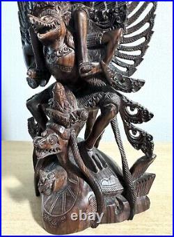 Vintage Balinese Carved 4-Headed Wood Sculpture Hindu God Vishnu Riding Garuda