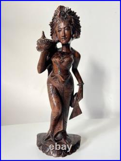 Vintage Balinese Carved Wood Sculpture Balinese Girl Woman Female With Offering