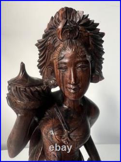 Vintage Balinese Carved Wood Sculpture Balinese Girl Woman Female With Offering