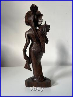 Vintage Balinese Carved Wood Sculpture Balinese Girl Woman Female With Offering