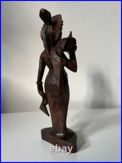 Vintage Balinese Carved Wood Sculpture Balinese Girl Woman Female With Offering