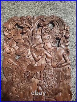 Vintage Balinese Carved Wood Sculpture Wall Panel