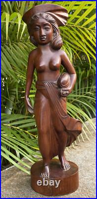 Vintage Balinese Hard Wood Carving Sculpture Woman Holding Pig 16.5 Tall Statue