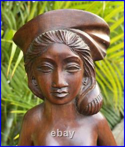 Vintage Balinese Hard Wood Carving Sculpture Woman Holding Pig 16.5 Tall Statue