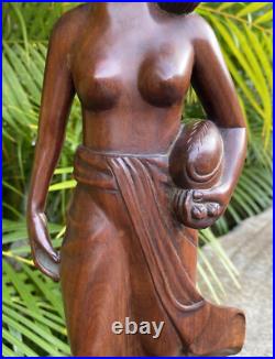 Vintage Balinese Hard Wood Carving Sculpture Woman Holding Pig 16.5 Tall Statue