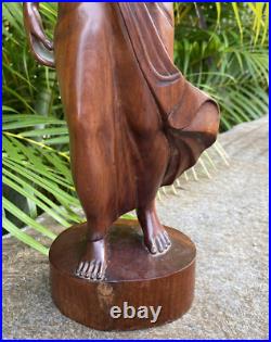 Vintage Balinese Hard Wood Carving Sculpture Woman Holding Pig 16.5 Tall Statue