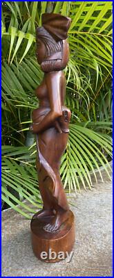 Vintage Balinese Hard Wood Carving Sculpture Woman Holding Pig 16.5 Tall Statue
