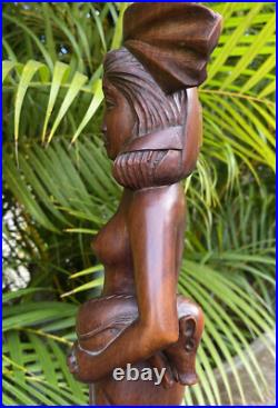 Vintage Balinese Hard Wood Carving Sculpture Woman Holding Pig 16.5 Tall Statue