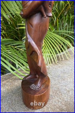 Vintage Balinese Hard Wood Carving Sculpture Woman Holding Pig 16.5 Tall Statue