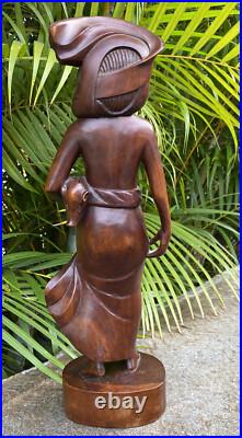 Vintage Balinese Hard Wood Carving Sculpture Woman Holding Pig 16.5 Tall Statue