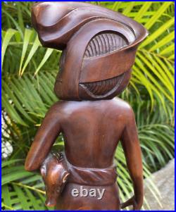 Vintage Balinese Hard Wood Carving Sculpture Woman Holding Pig 16.5 Tall Statue