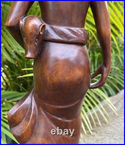 Vintage Balinese Hard Wood Carving Sculpture Woman Holding Pig 16.5 Tall Statue