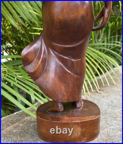 Vintage Balinese Hard Wood Carving Sculpture Woman Holding Pig 16.5 Tall Statue