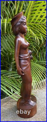 Vintage Balinese Hard Wood Carving Sculpture Woman Holding Pig 16.5 Tall Statue
