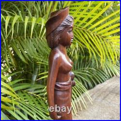 Vintage Balinese Hard Wood Carving Sculpture Woman Holding Pig 16.5 Tall Statue