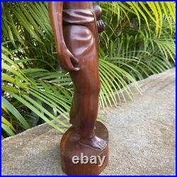 Vintage Balinese Hard Wood Carving Sculpture Woman Holding Pig 16.5 Tall Statue