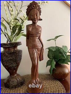 Vintage Balinese Lady In Native Dress Hand Carved Wood Sculpture 19 1/4 Tall