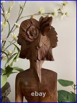 Vintage Balinese Lady In Native Dress Hand Carved Wood Sculpture 19 1/4 Tall