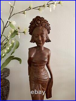 Vintage Balinese Lady In Native Dress Hand Carved Wood Sculpture 19 1/4 Tall