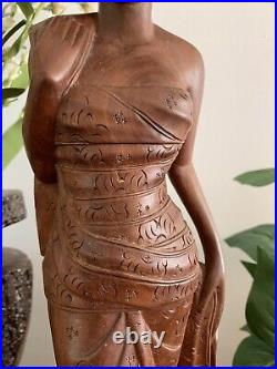 Vintage Balinese Lady In Native Dress Hand Carved Wood Sculpture 19 1/4 Tall