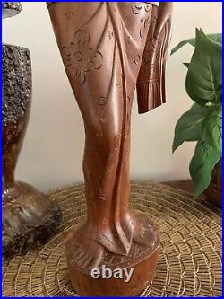 Vintage Balinese Lady In Native Dress Hand Carved Wood Sculpture 19 1/4 Tall