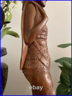 Vintage Balinese Lady In Native Dress Hand Carved Wood Sculpture 19 1/4 Tall