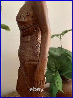 Vintage Balinese Lady In Native Dress Hand Carved Wood Sculpture 19 1/4 Tall