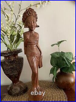 Vintage Balinese Lady In Native Dress Hand Carved Wood Sculpture 19 1/4 Tall