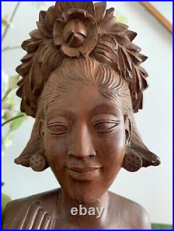 Vintage Balinese Lady In Native Dress Hand Carved Wood Sculpture 19 1/4 Tall